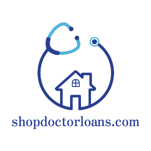 Shop Doctor Loans logo with a house surrounded by a circle of a stethoscope of blue and light blue colors 