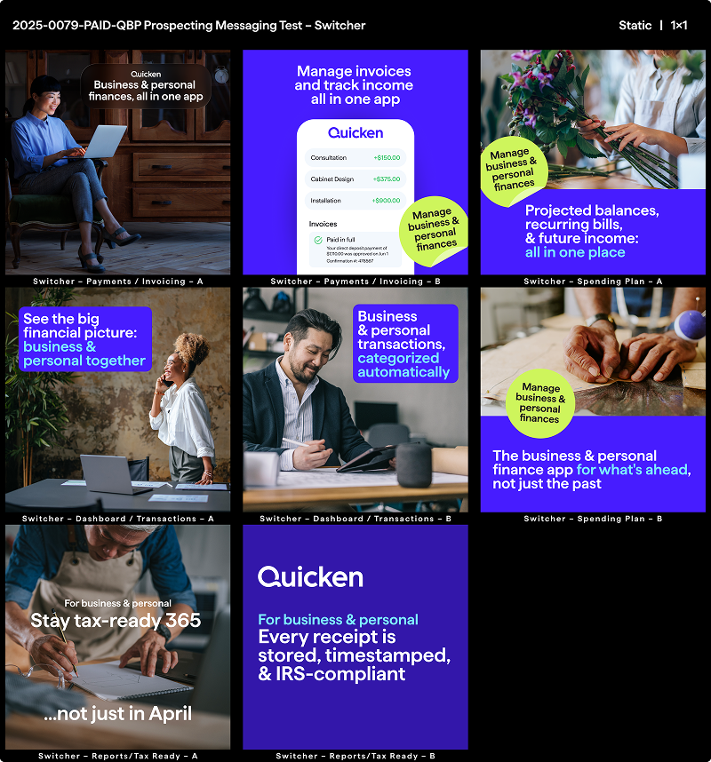 More Quicken Business and Personal ads in a grid, showing iterative testing method.