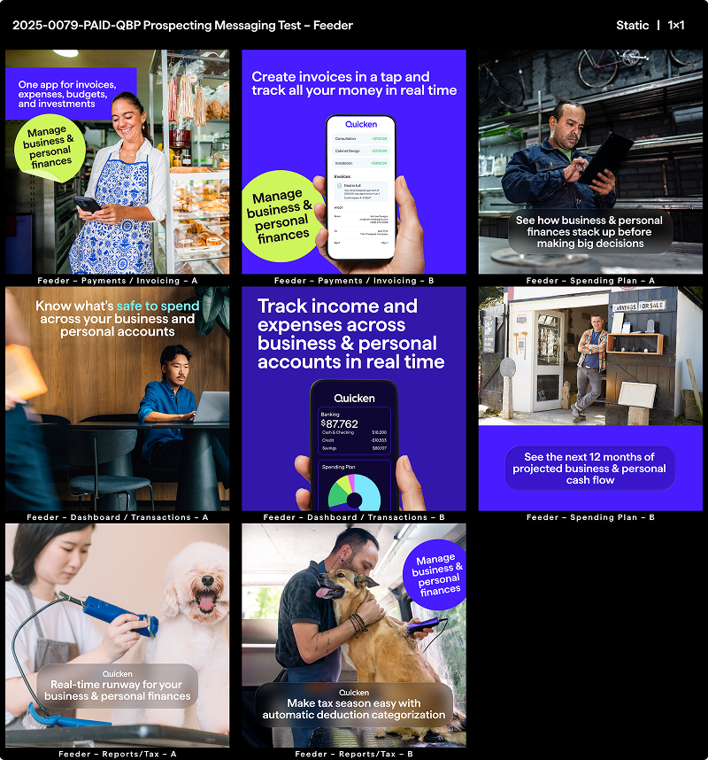 Quicken Business and Personal ads in a grid, showing iterative testing method.