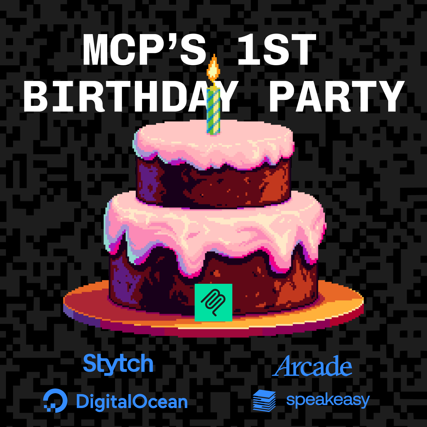 A birthday party invite with a pixelated cake that says MCP's 1st Birthday Party 
