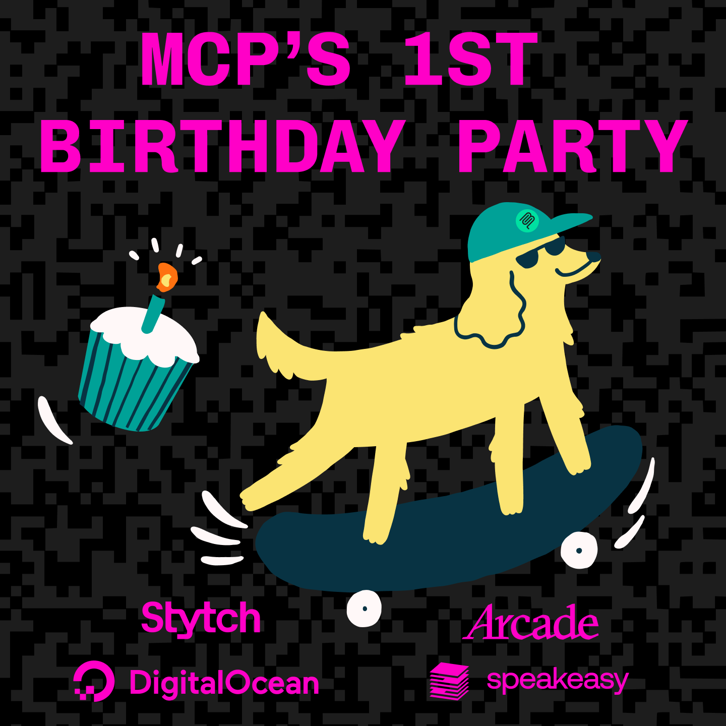 A birthday party invite with a dog riding a skateboard 