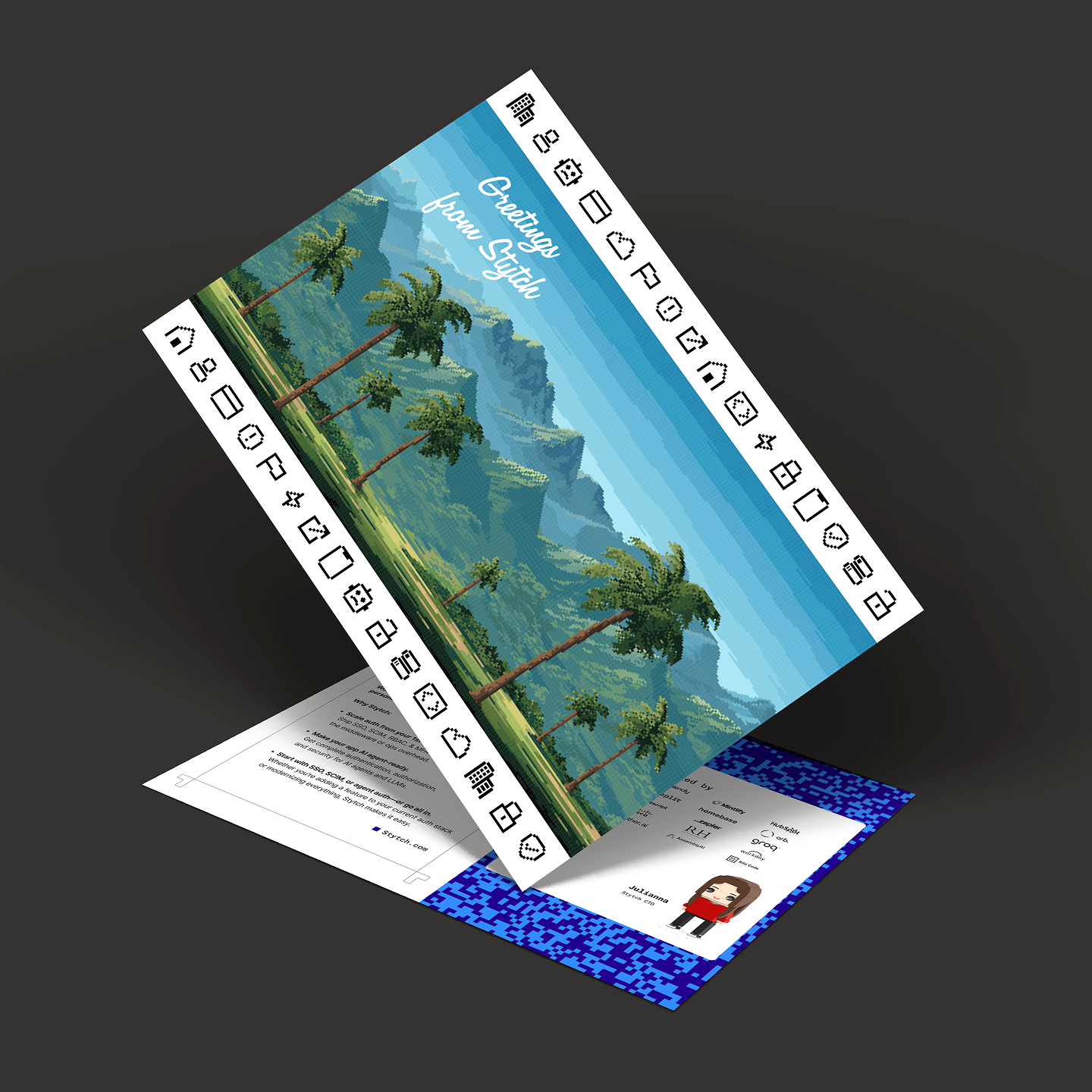 A post card mockup with a pixelated landscape on one side that says Greetings from Stytch