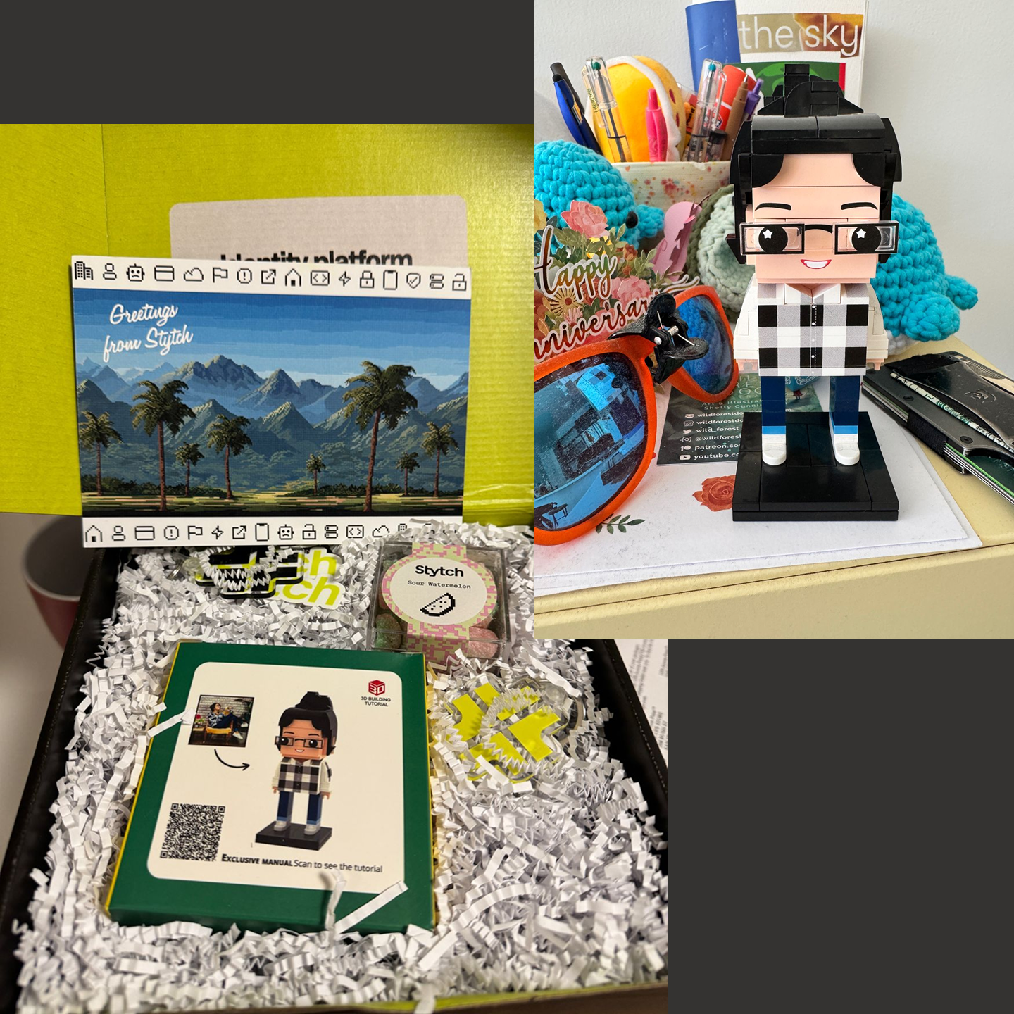 A Stytch branded gift box including a Lego model of someone, a post card with a pixelated landscape of palm trees and mountains, and some candy