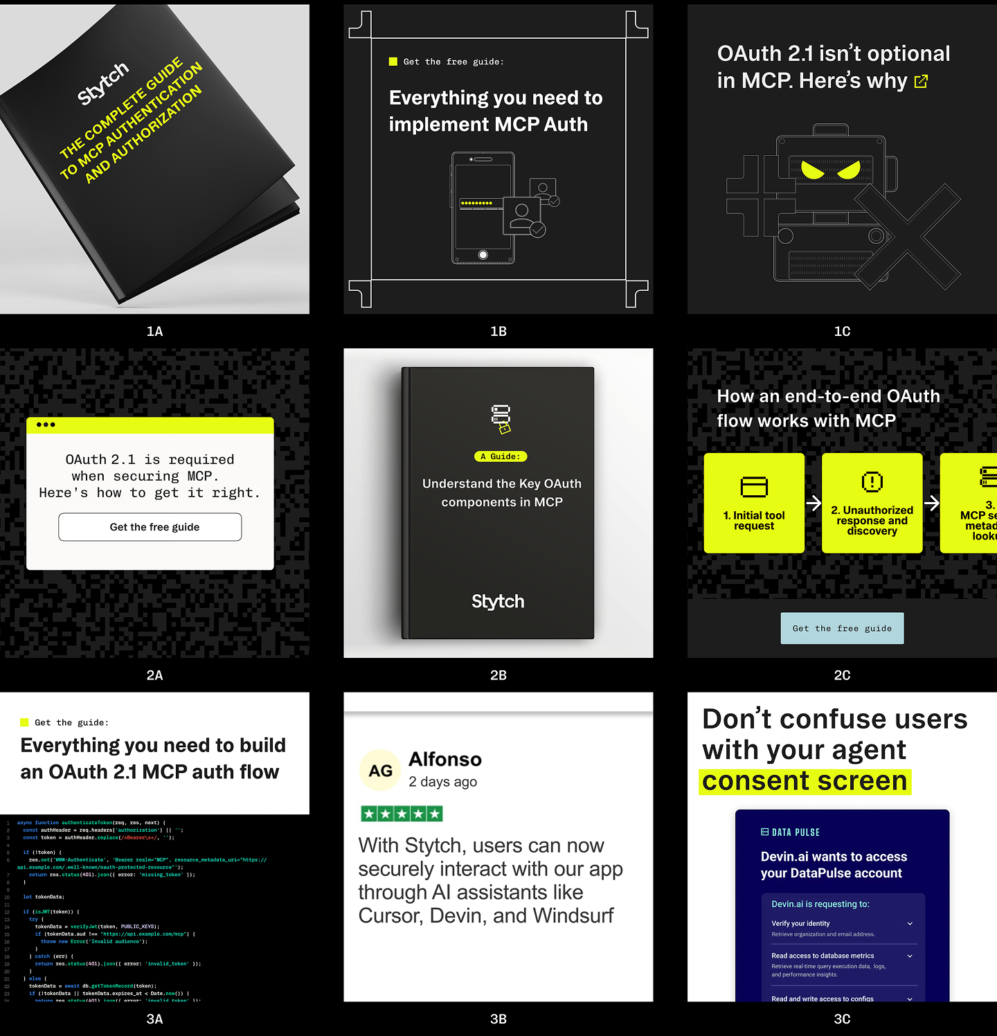 Stytch display ads in a grid of nine, showing iterative testing matrix