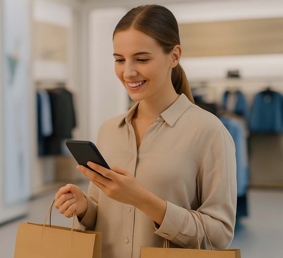 Happy shopper receiving  a message from her favorite shop.