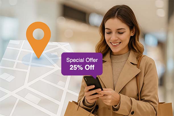 Person looking a receiving an offer while she is nearby a store.