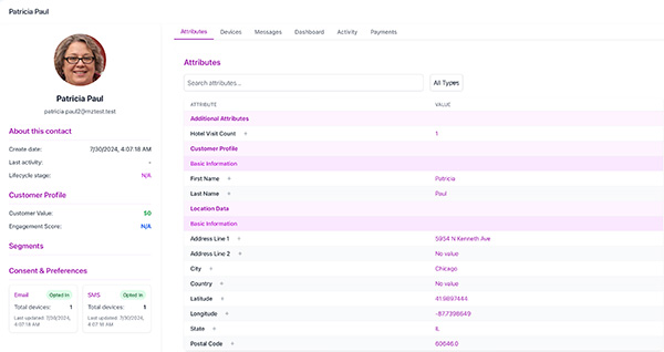 Hotel guest record in Mobilozophy's marketing automation platform for hotels and hotel management companies