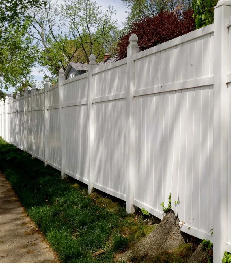 Decorative vinyl fence with lattice top in a landscaped garden