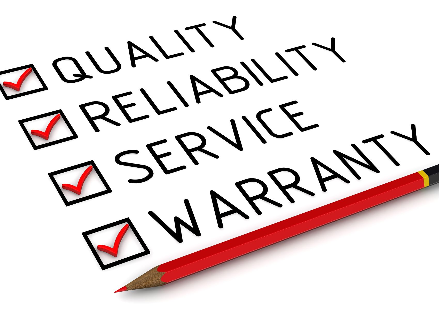 Quality, reliability, service, warranty. List with the marks