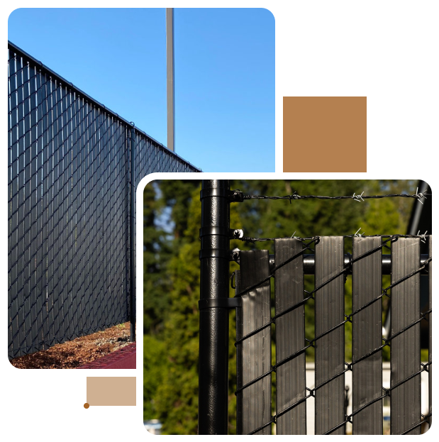 Close-up view of a black chain-link fence with vertical privacy slats