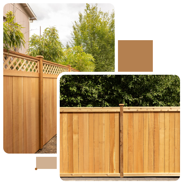 a newly constructed wooden privacy fence with a decorative lattice top section