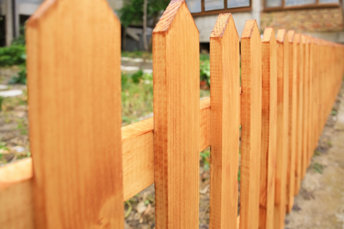 Close up of a cedar picket fence installed in a garden in Seattle