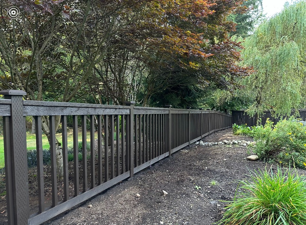 Cedar picket fence painted with black in a backyard of a Snohomish home
