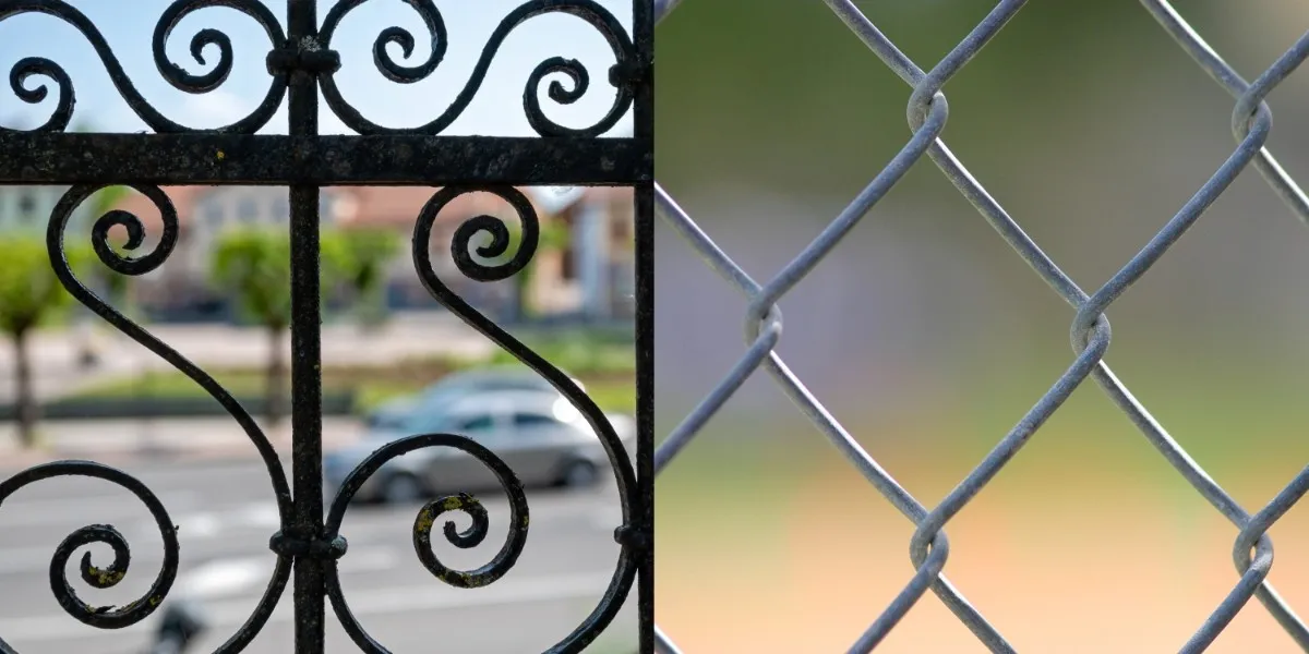 Side-by-side images of decorative wrought iron fence and chain-link metal fence with blurred backgrounds.