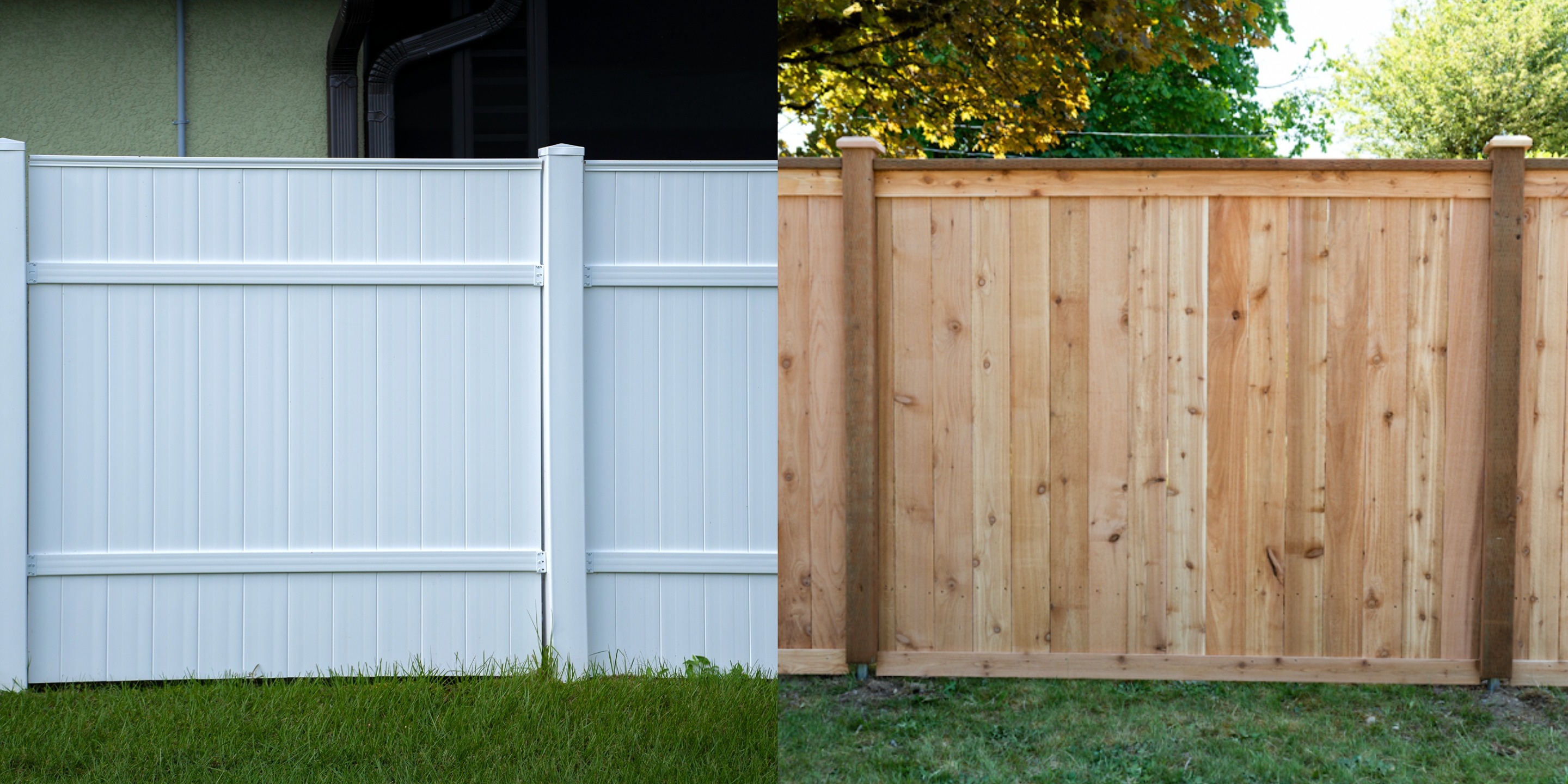Side-by-side comparison of a white vinyl fence and a natural wood fence on green grass.