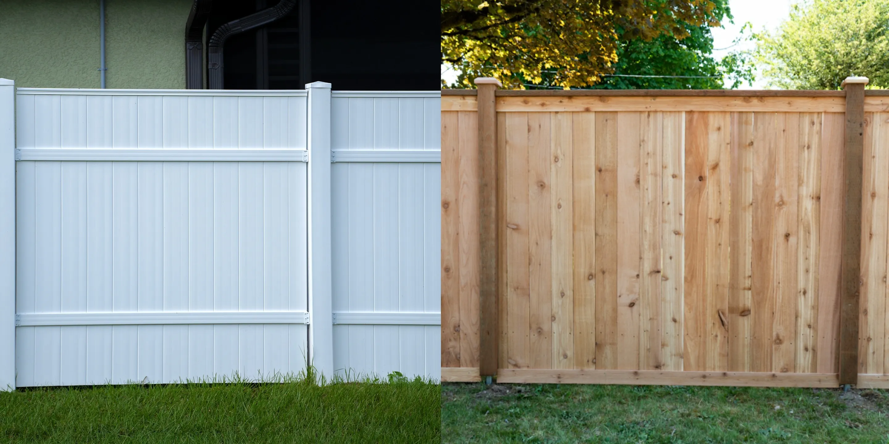 Side-by-side comparison of a white vinyl fence and a natural wood fence on green grass.