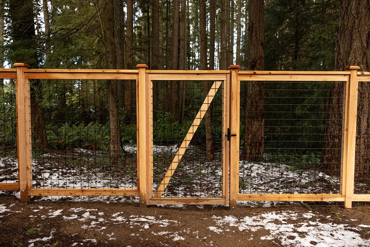 Hog wire fence and gate securing a forest property in Seattle 

