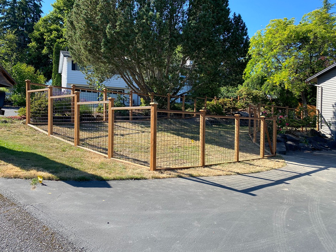 Hog wire fence enclosing a sloped lawn in Seattle