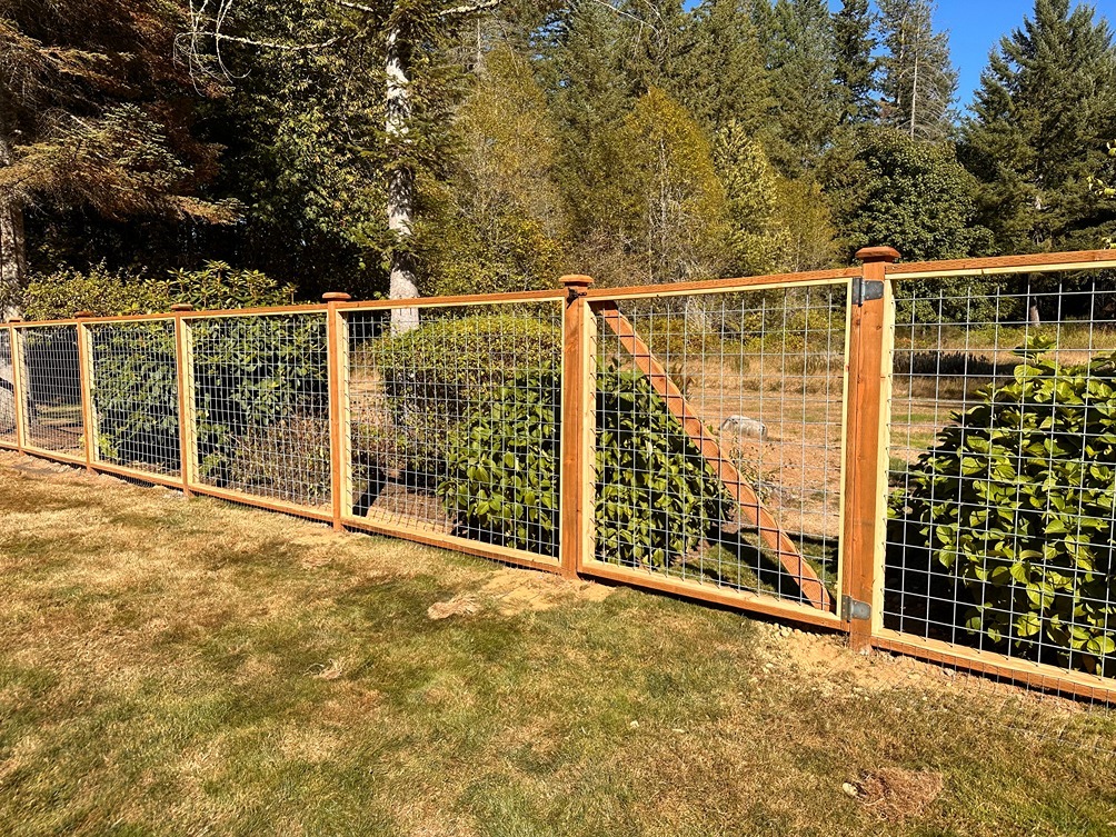 Finished cedar-framed hog wire fence along a landscaped Seattle side yard