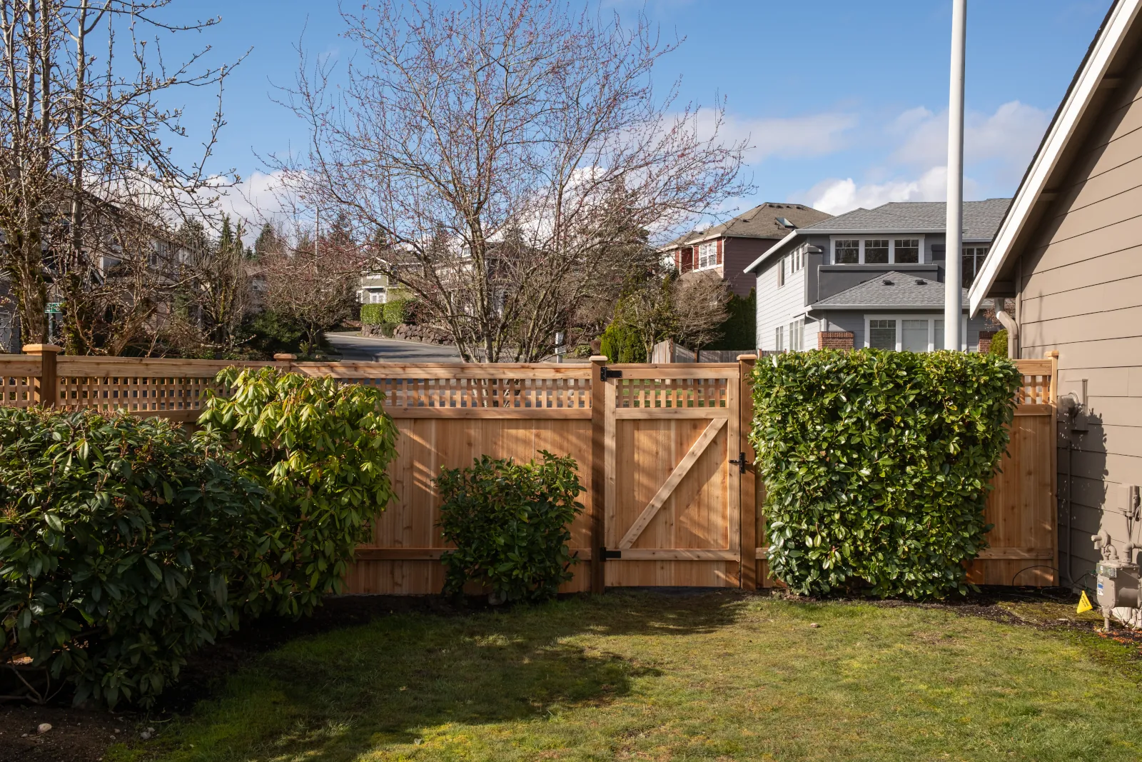 New cedar fence with matching gate and lattice top enclosing a side yard