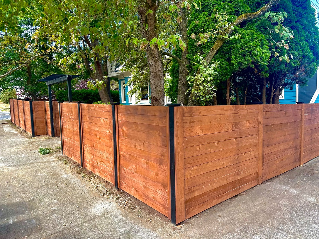 AFTER - Custom Horizontal Cedar Fence with Black Posts in Seattle