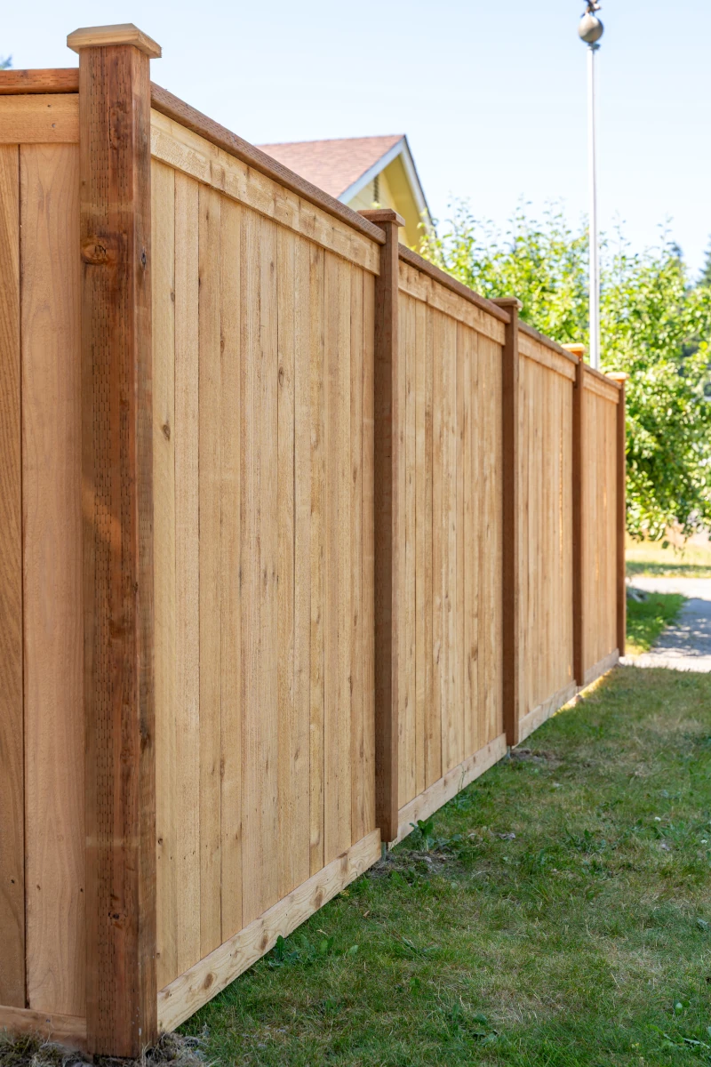 Close-up side angle of cedar privacy fence panels and trim