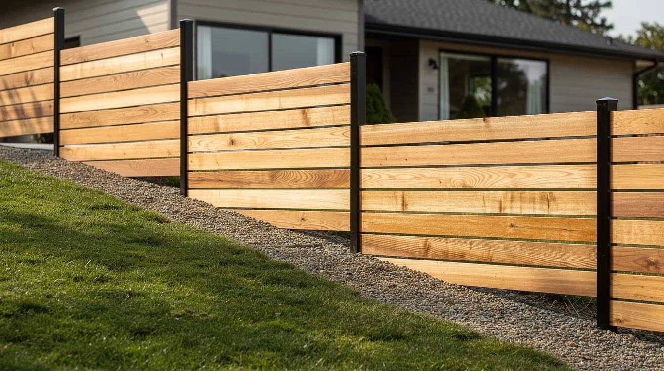 Modern horizontal cedar fence gracefully following the contour of a sloped residential yard.