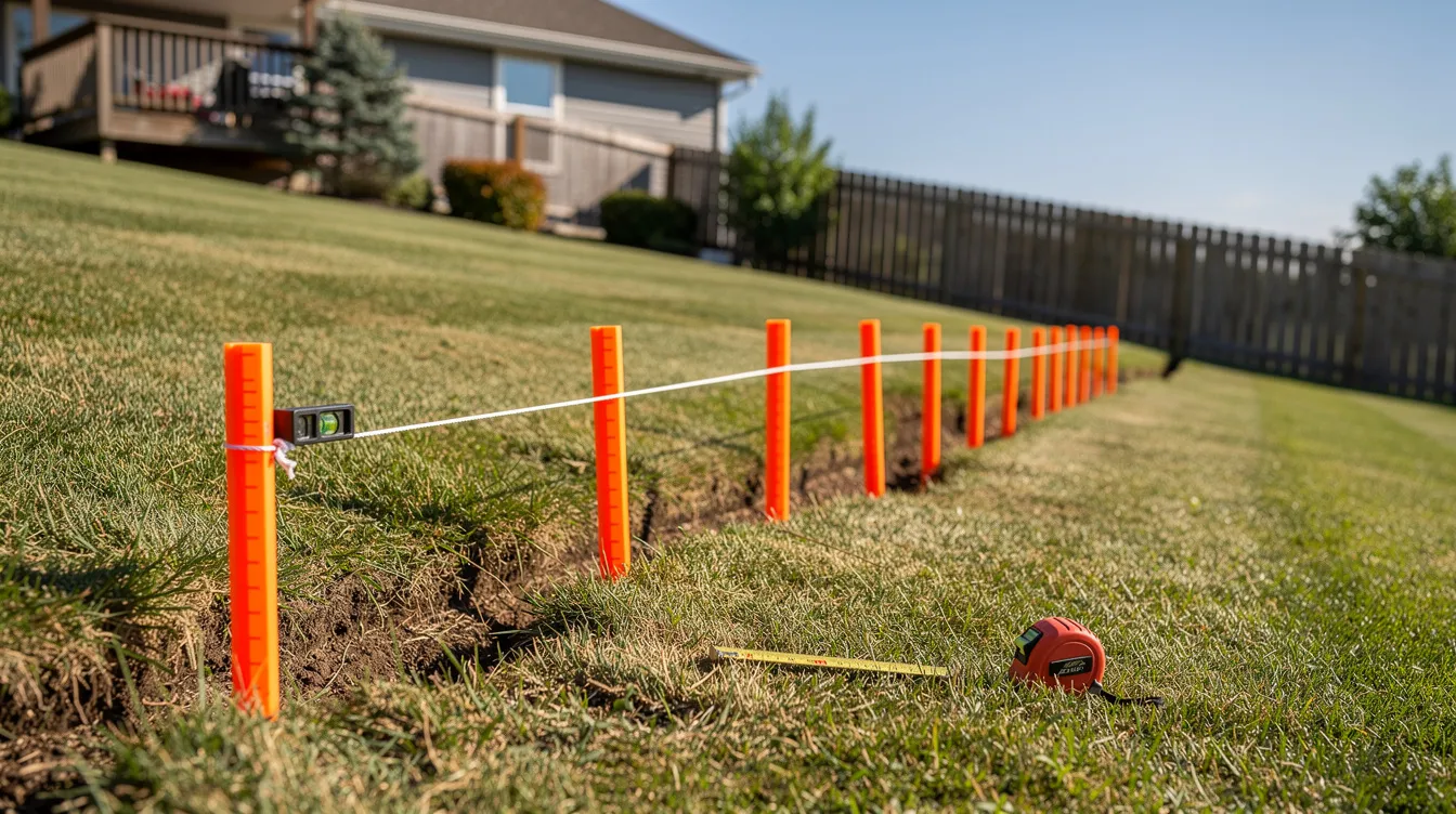 Backyard with a visible slope, where stakes and string are set up to measure the grade for a sloped fence installation.