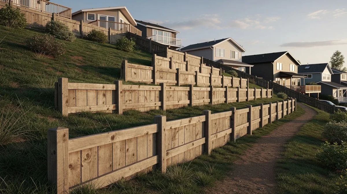Wooden stepped fence installed on a steep residential hillside, featuring horizontal rails and racked fence panels