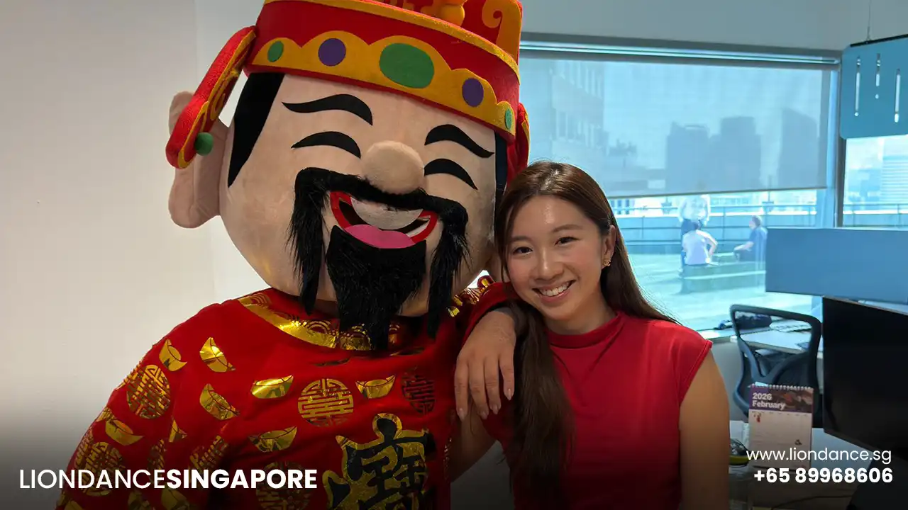 god of fortune mascot with client