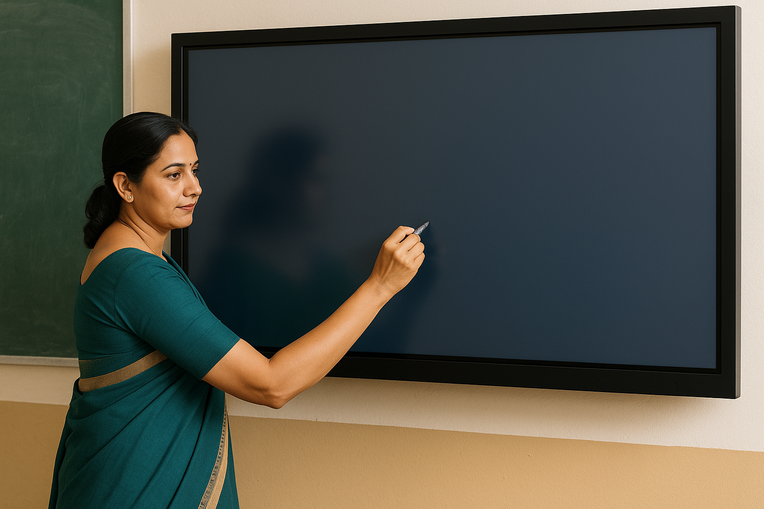teacher teaching on smart board in classroom