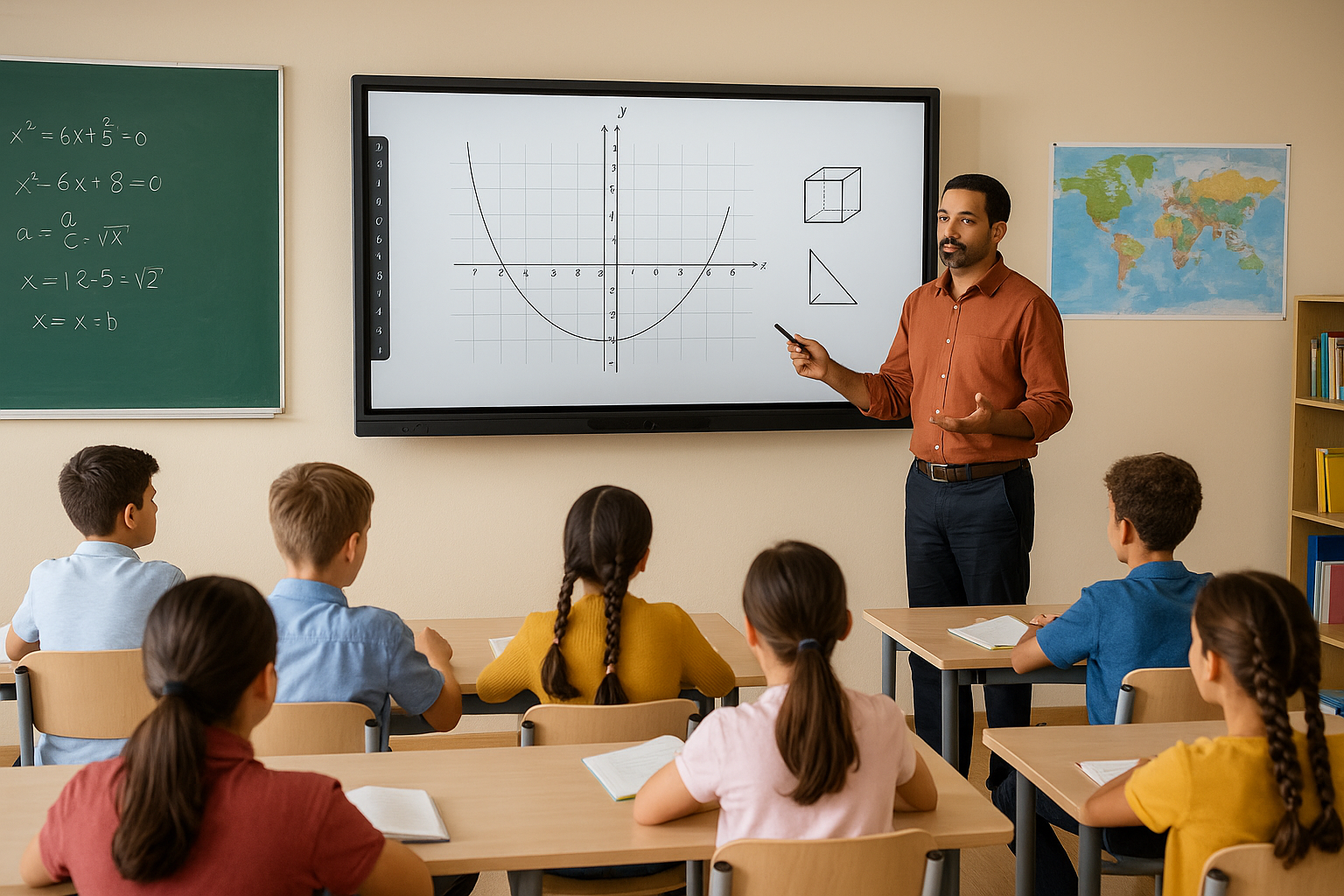 teacher teaching using a smart board in classroom