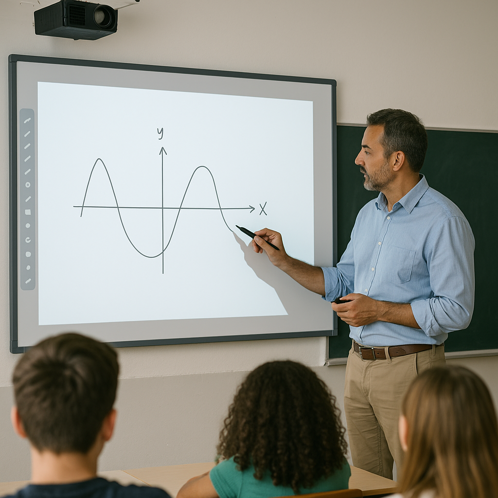 teacher annotating on a touchscreen projector screen in classroom 