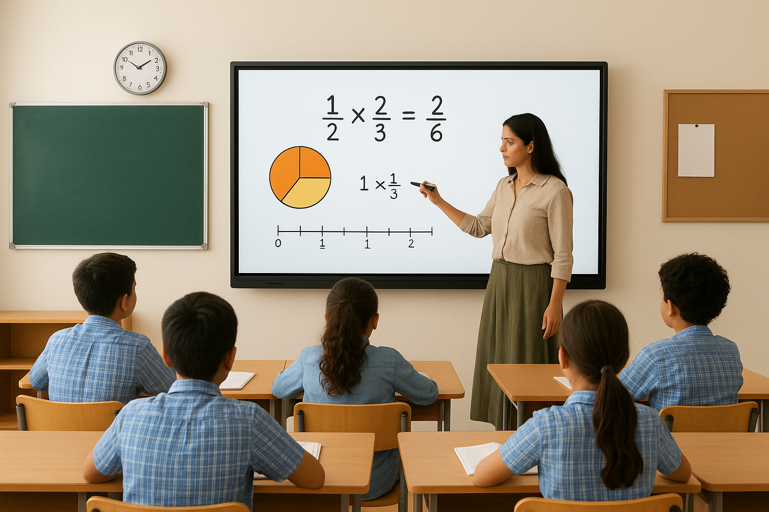 Teacher teaching using an interactive flat panel in a classroom