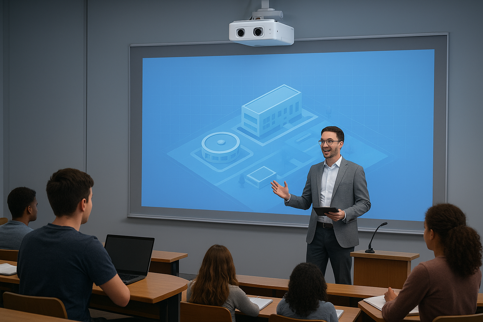 Teacher teaching using a smart class projector in classroom