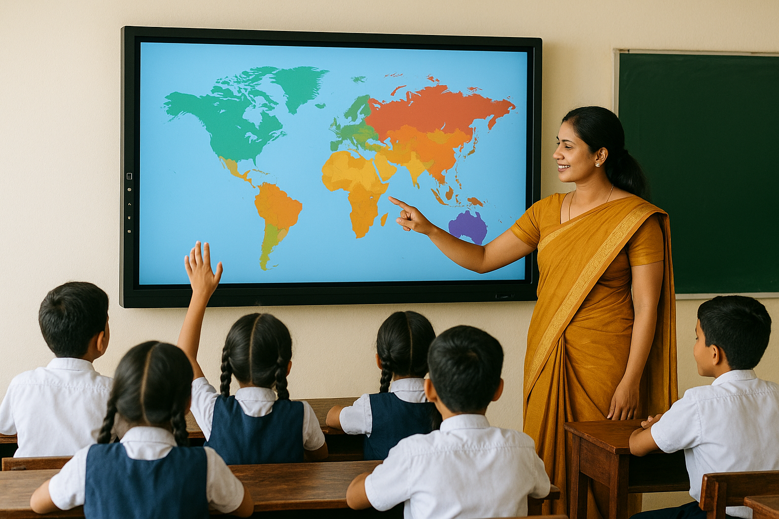 Students learning with an interactive display in a digital classroom