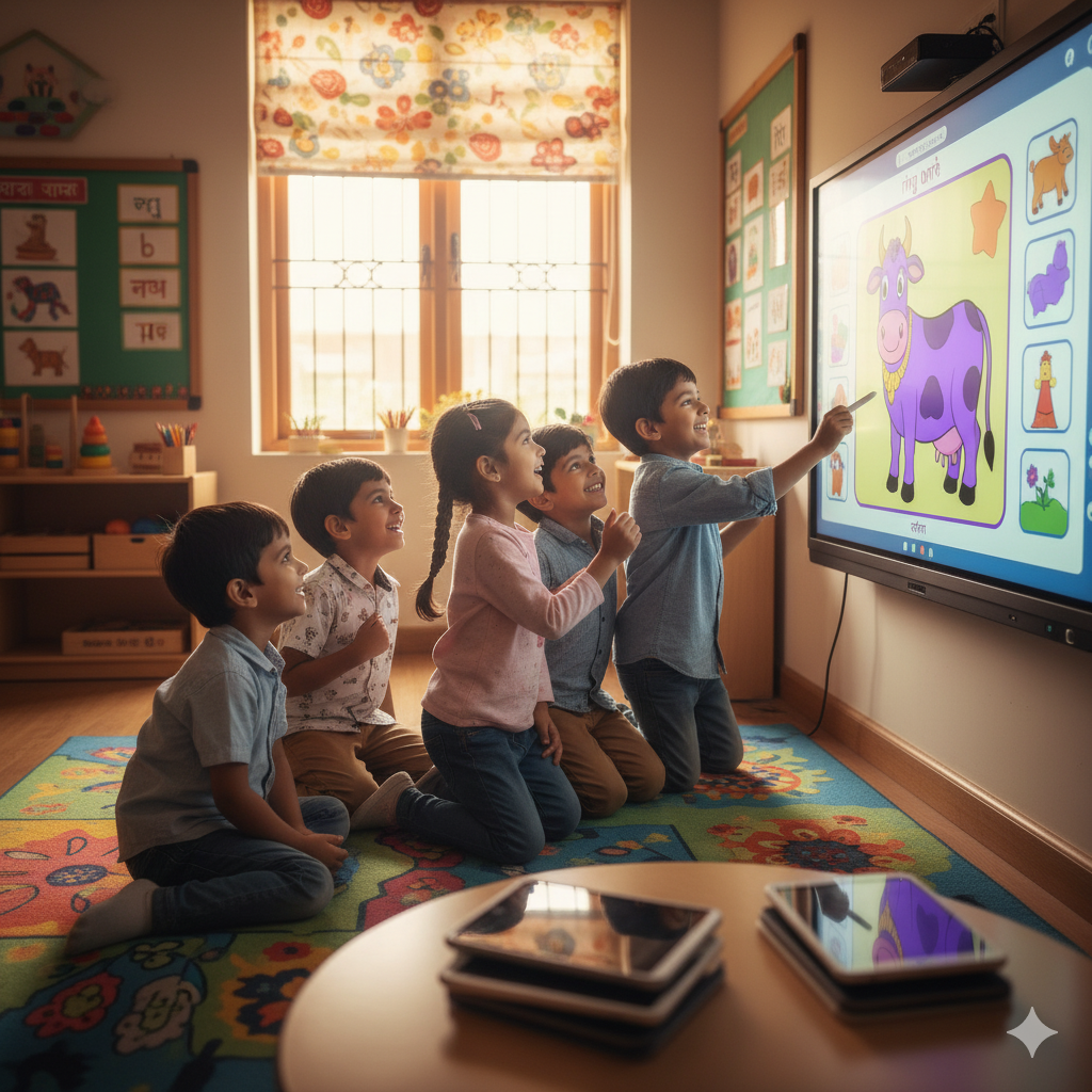 preschoolers learning with interactive screen in the classroom