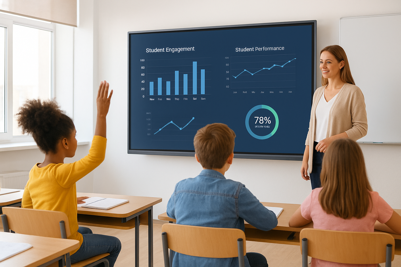 Classroom with students using a Roombr smart classroom setup, showing student engagement and performance analytics.