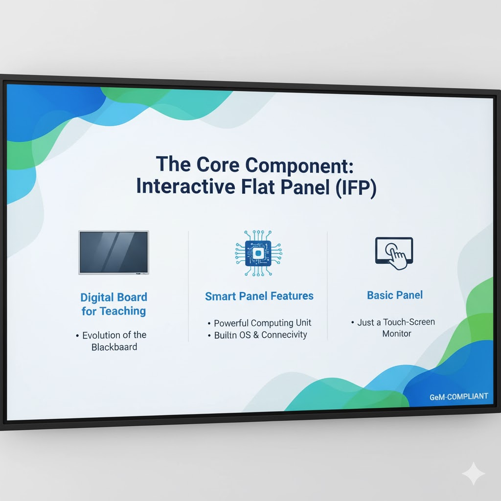 A modern interactive flat panel display showing different display features for teaching.