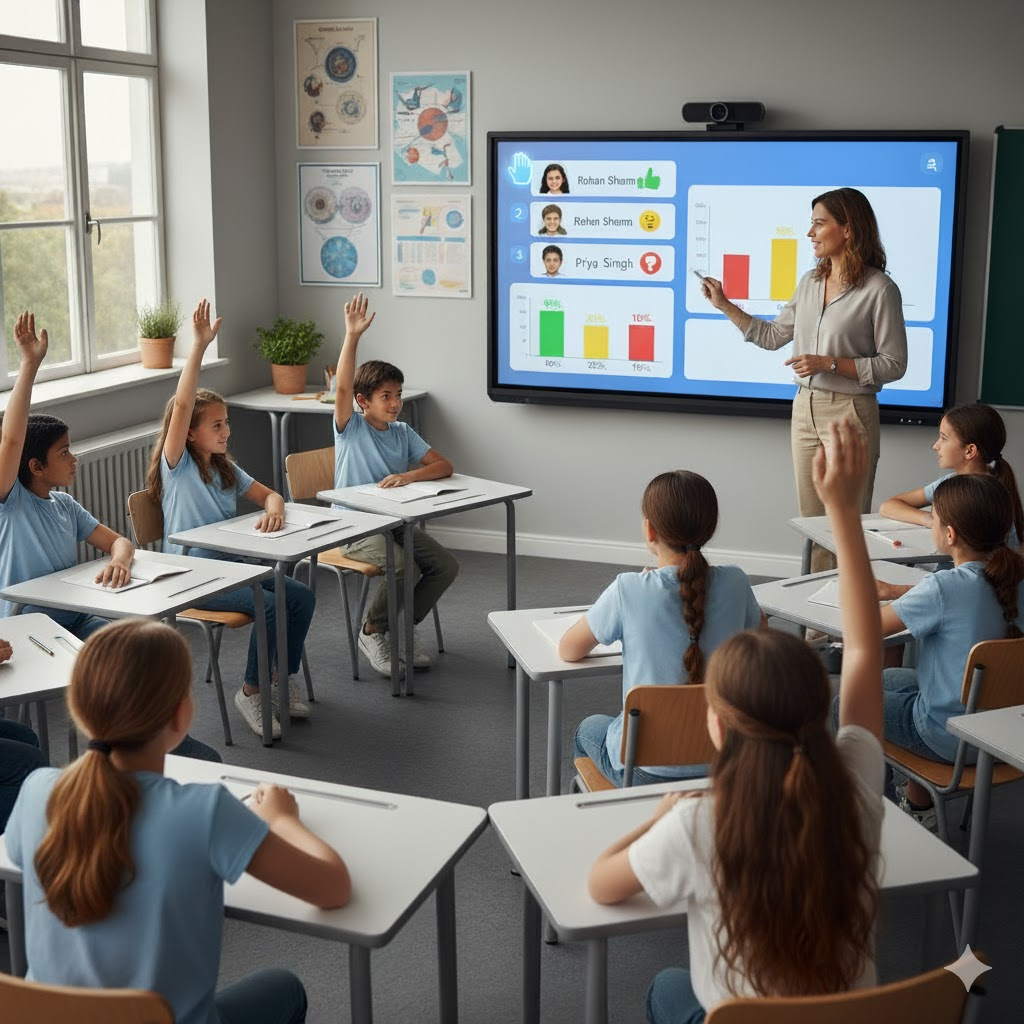 In a smart classroom, students raise hands, teacher uses interactive screen for participation