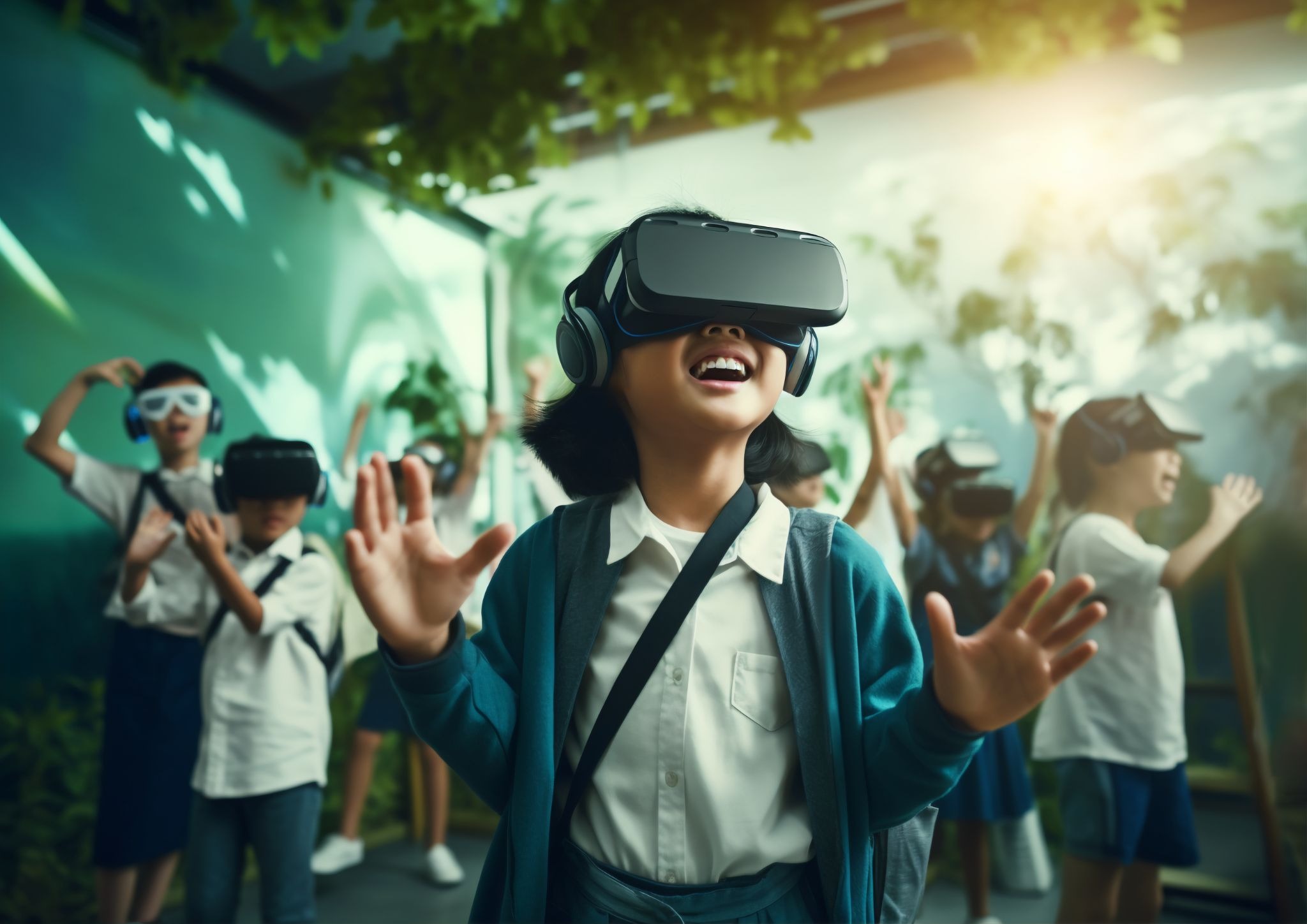 Smiling student uses VR headset for immersive learning in a digital classroom image with classmates.