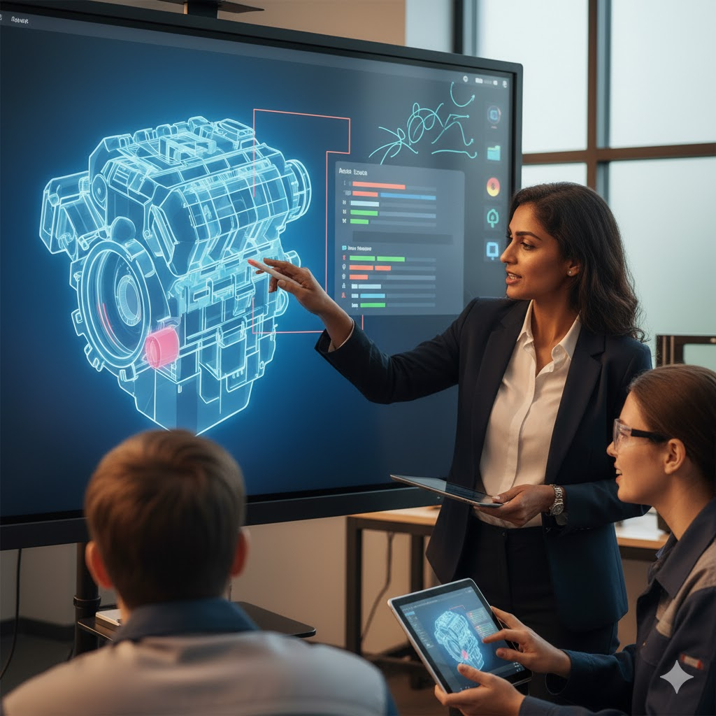 Instructor using interactive flat panel to teach engine mechanics in a digital smart classroom.