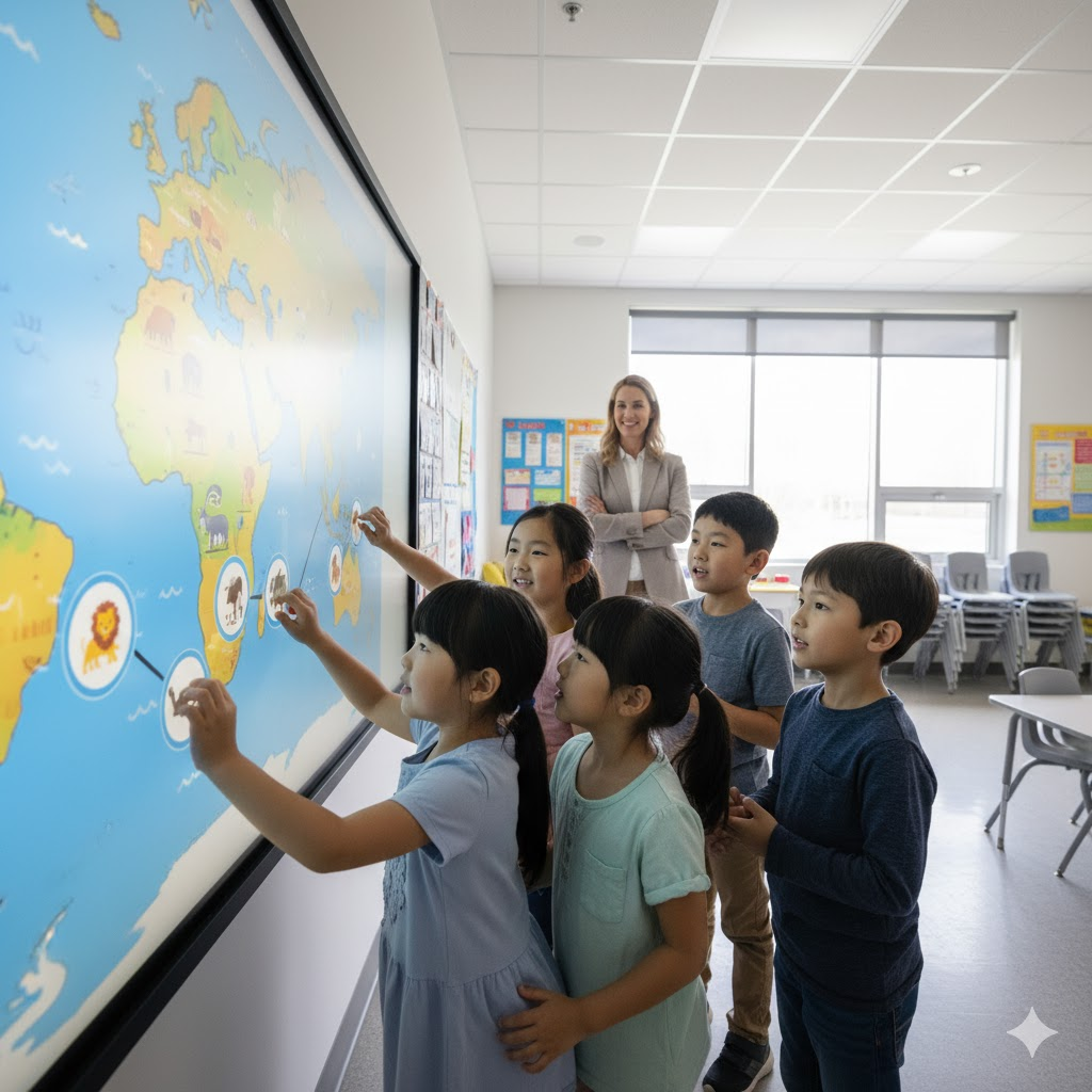 Kindergarten students interact with a map on an interactive touchscreen in a digital classroom.