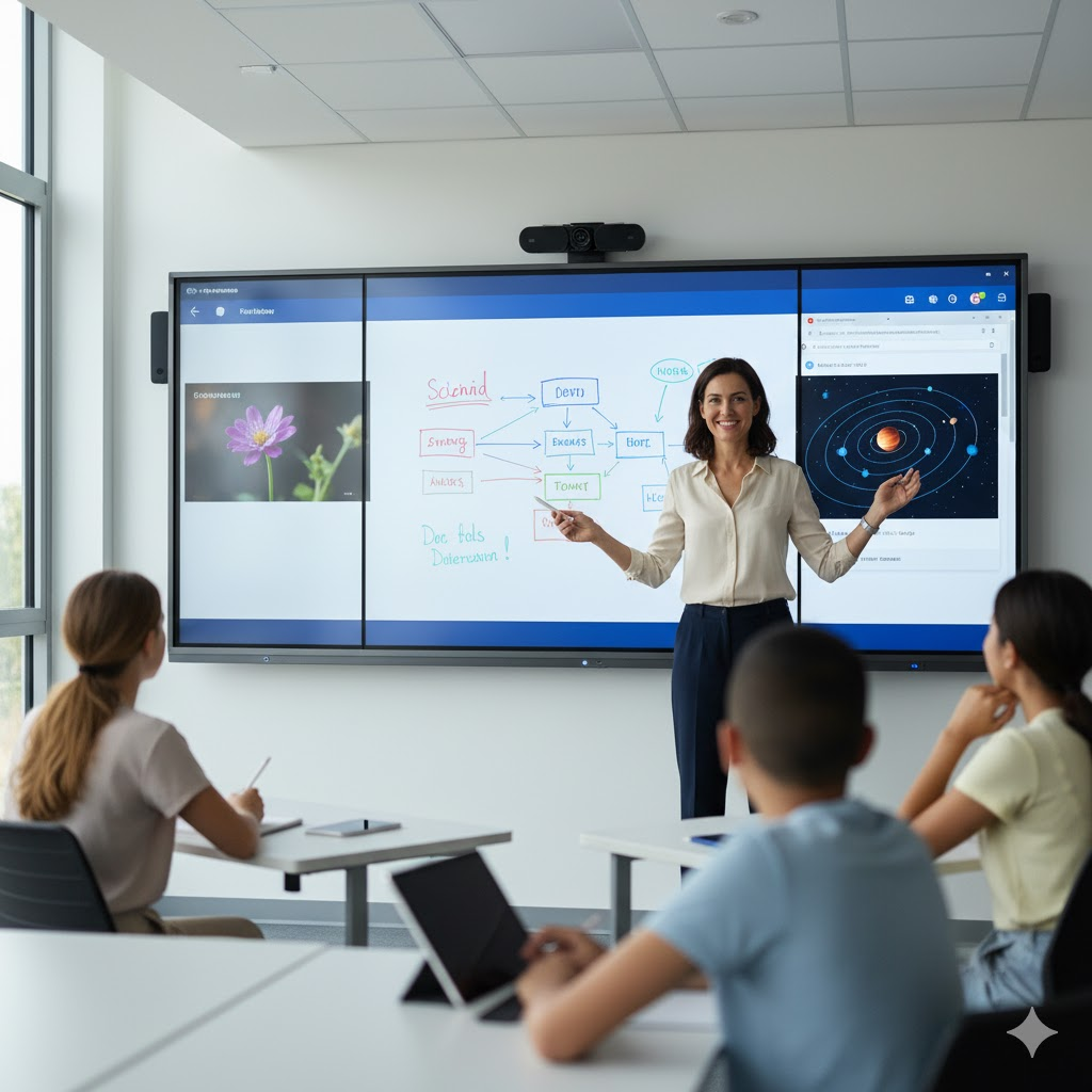 A teacher uses interactive touch screen display for seamless content transition.