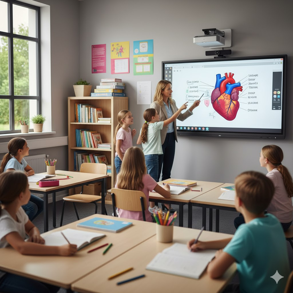 Interactive digital classroom featuring a teacher and students engaged with a large digital display.