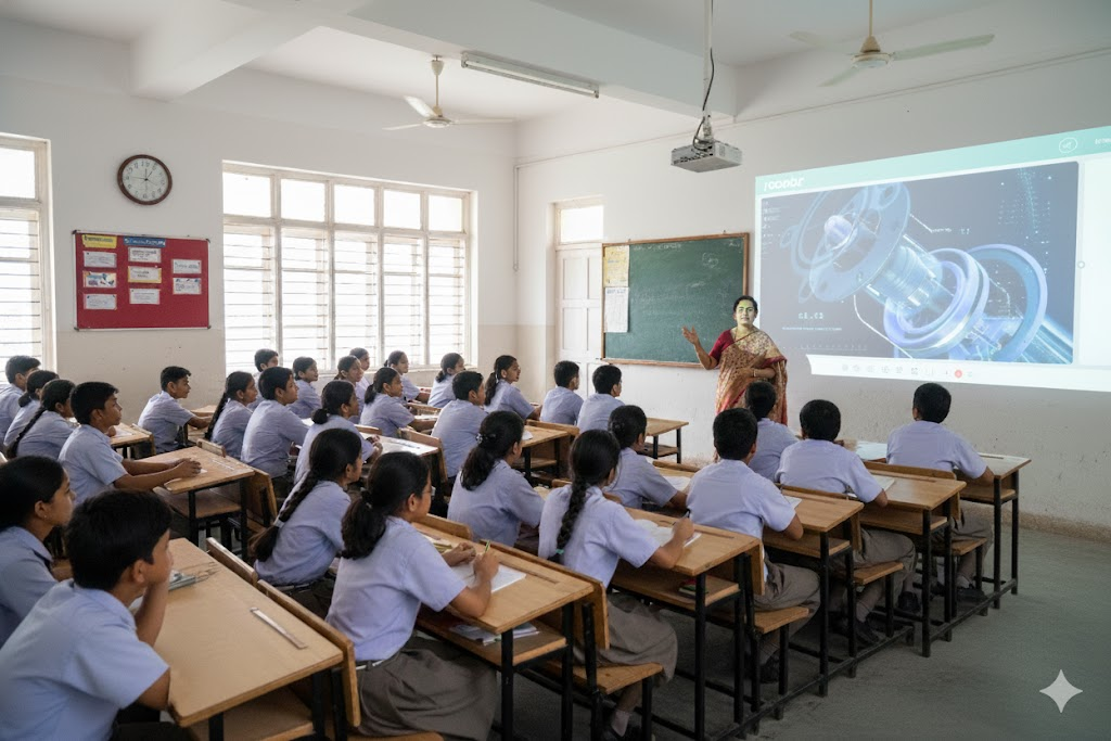 Teacher in an Indian digital classroom uses Roombr tech to teach a 3D model to students.