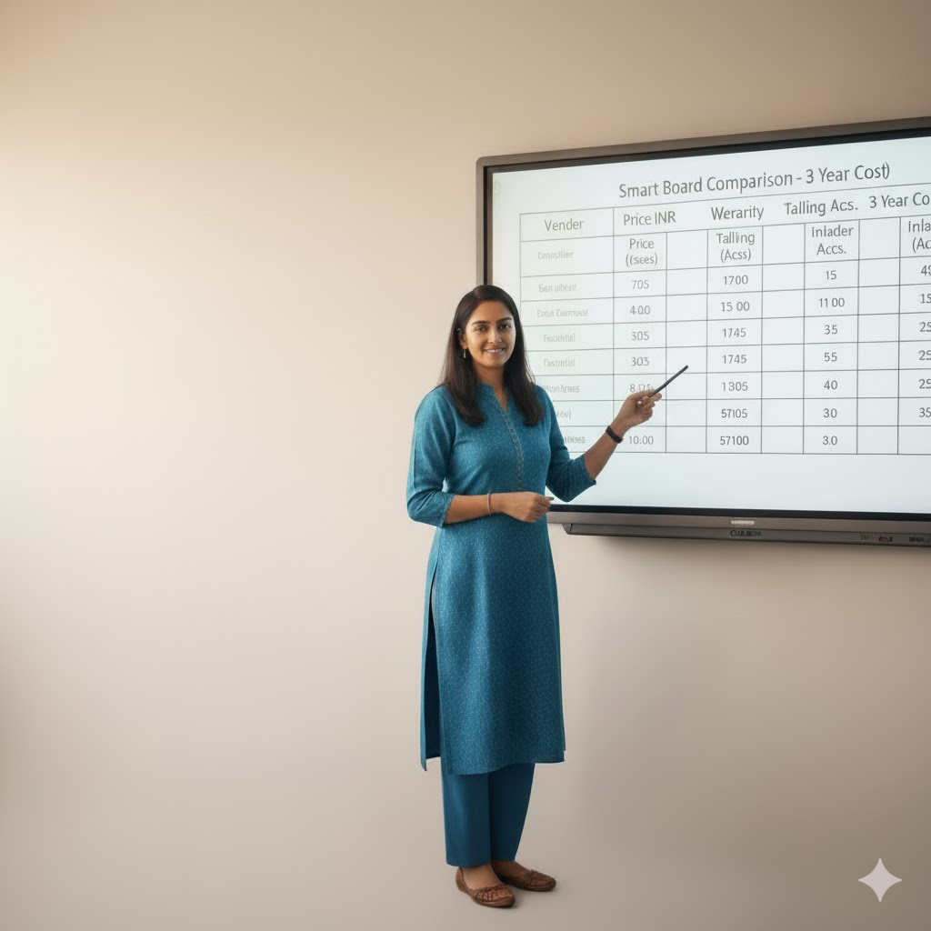 A female presenting smart board teaching price comparison on a screen.