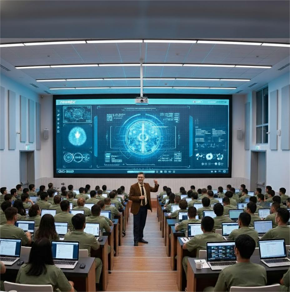 Modern university lecture hall, professor teaching using a digital classroom setup.