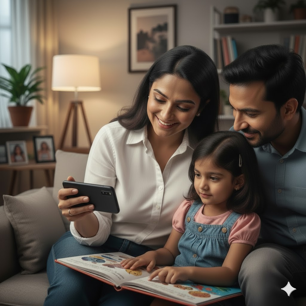 Parents engaged with a smart classroom app, monitoring child's progress.