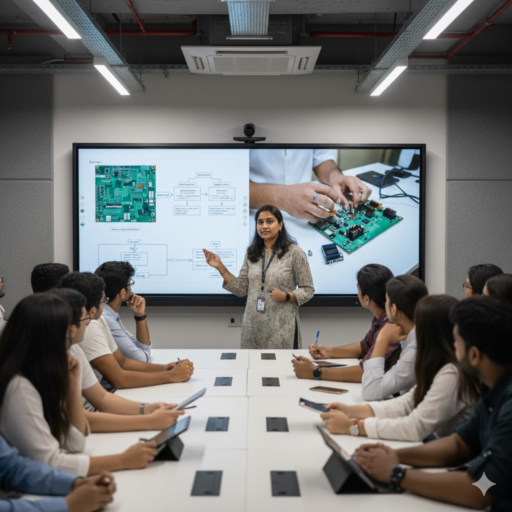 Instructor uses split-screen interactive display for technical training, engaging students. 